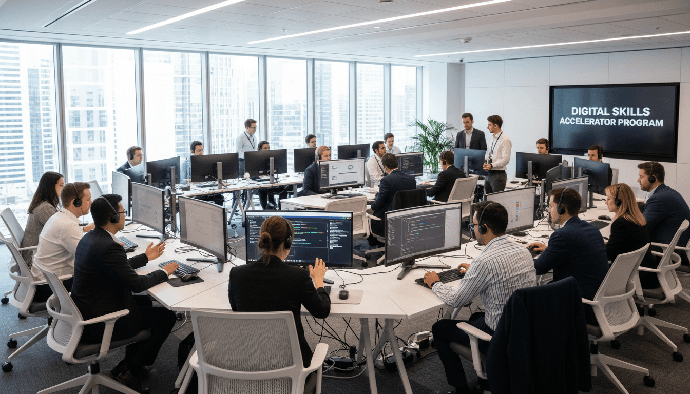 Diverse professionals in a modern training environment learning AI and automation strategies