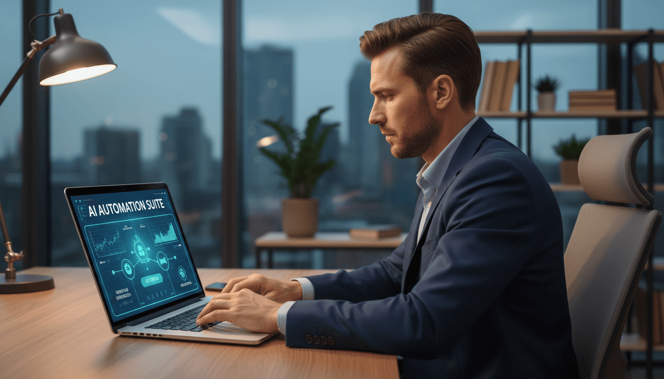 Professional using AI automation tools and software dashboard for business productivity