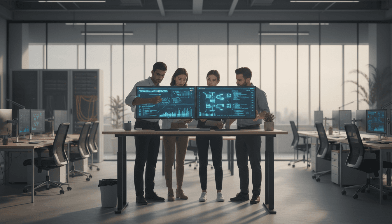 Professional team working together on AI and automation projects in a modern office environment