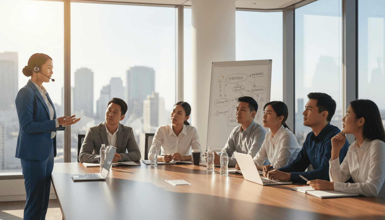 Group of professionals learning together in a modern training environment