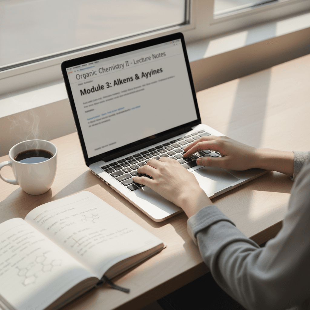Student engaged in online AI training course at home workspace